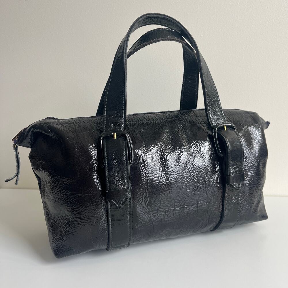 Vintage Ronay Genuine Leather Black Green Patent Barrel Satchel Boston Bag Gold